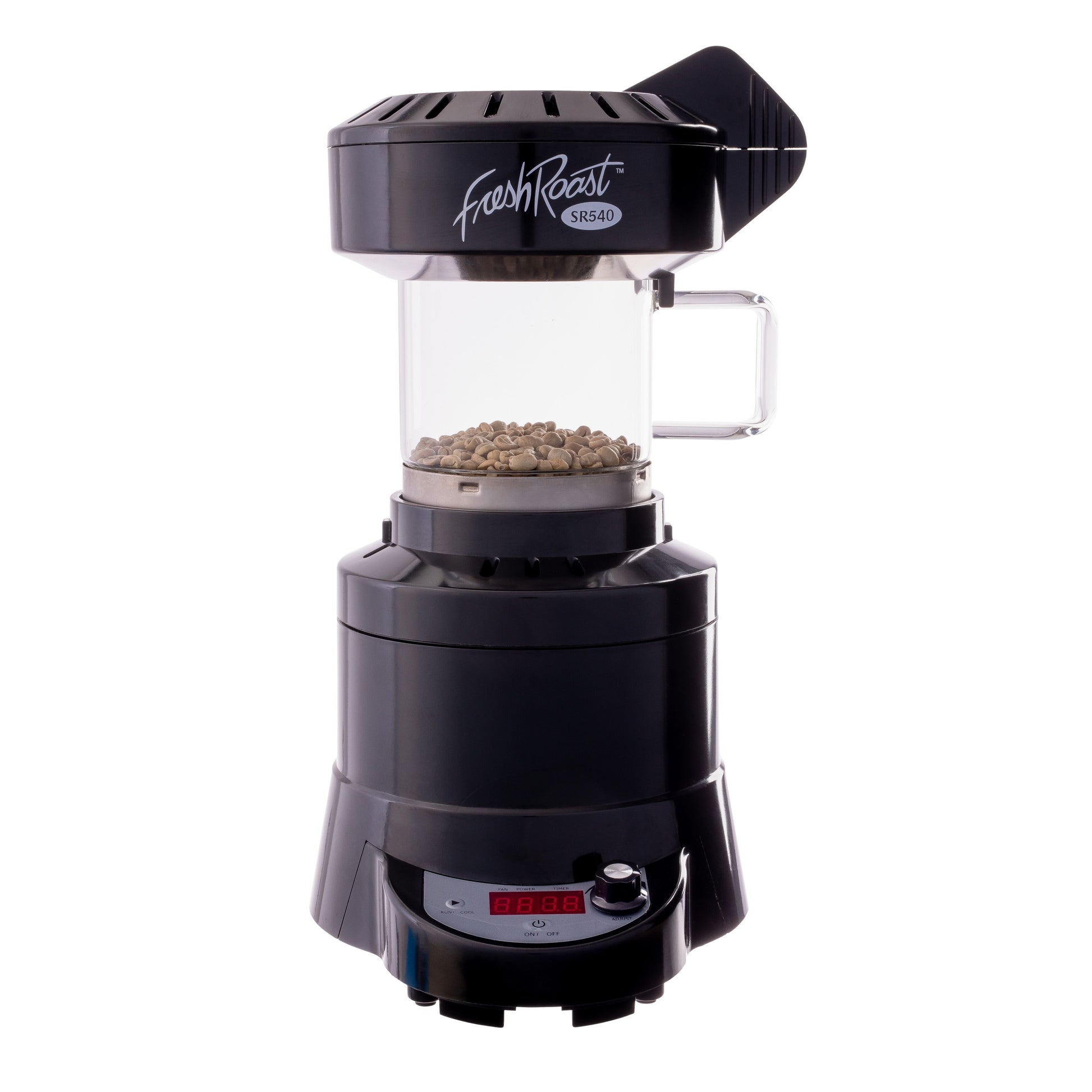 A black Fresh Roast SR540 fluid bed air roaster with visible roasting chamber and adjustment dials.